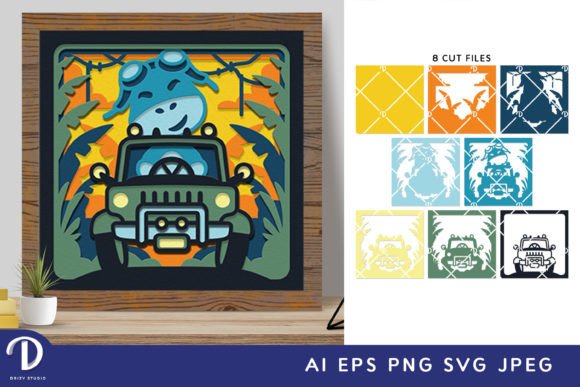 Cute Dinosaurs Ride a Car: A Whimsical 3D Shadow Box